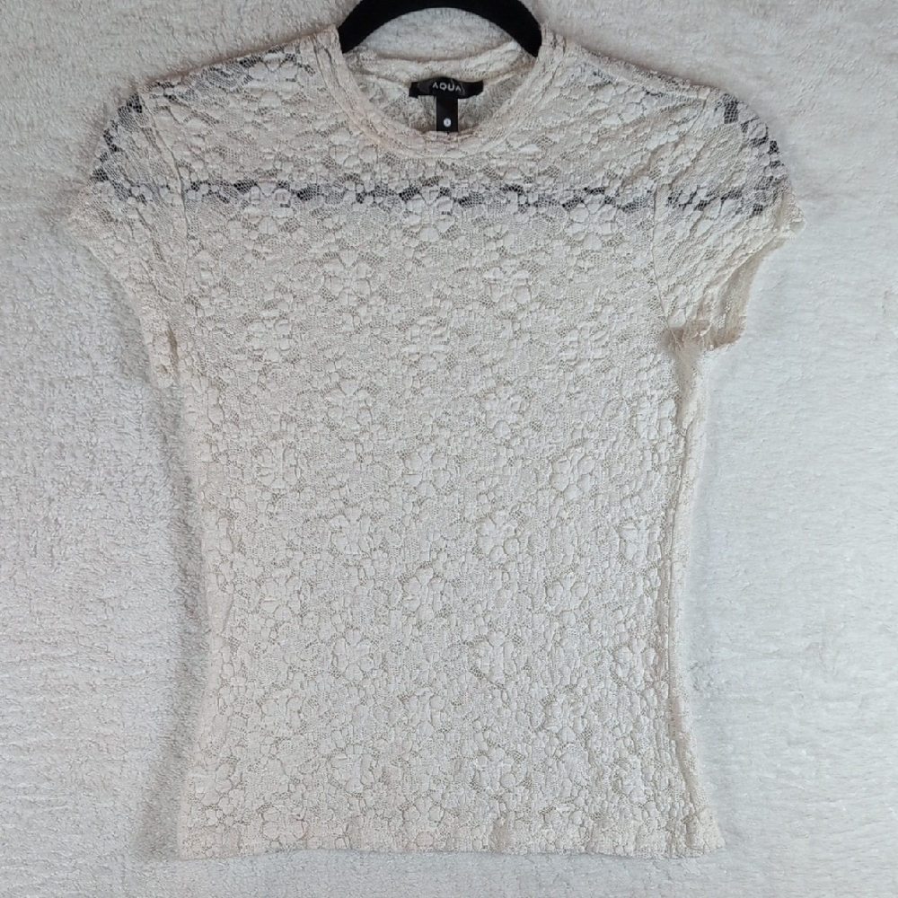 289-Nwot Aqua Women's Short Sleeve Lace Tee - Cream